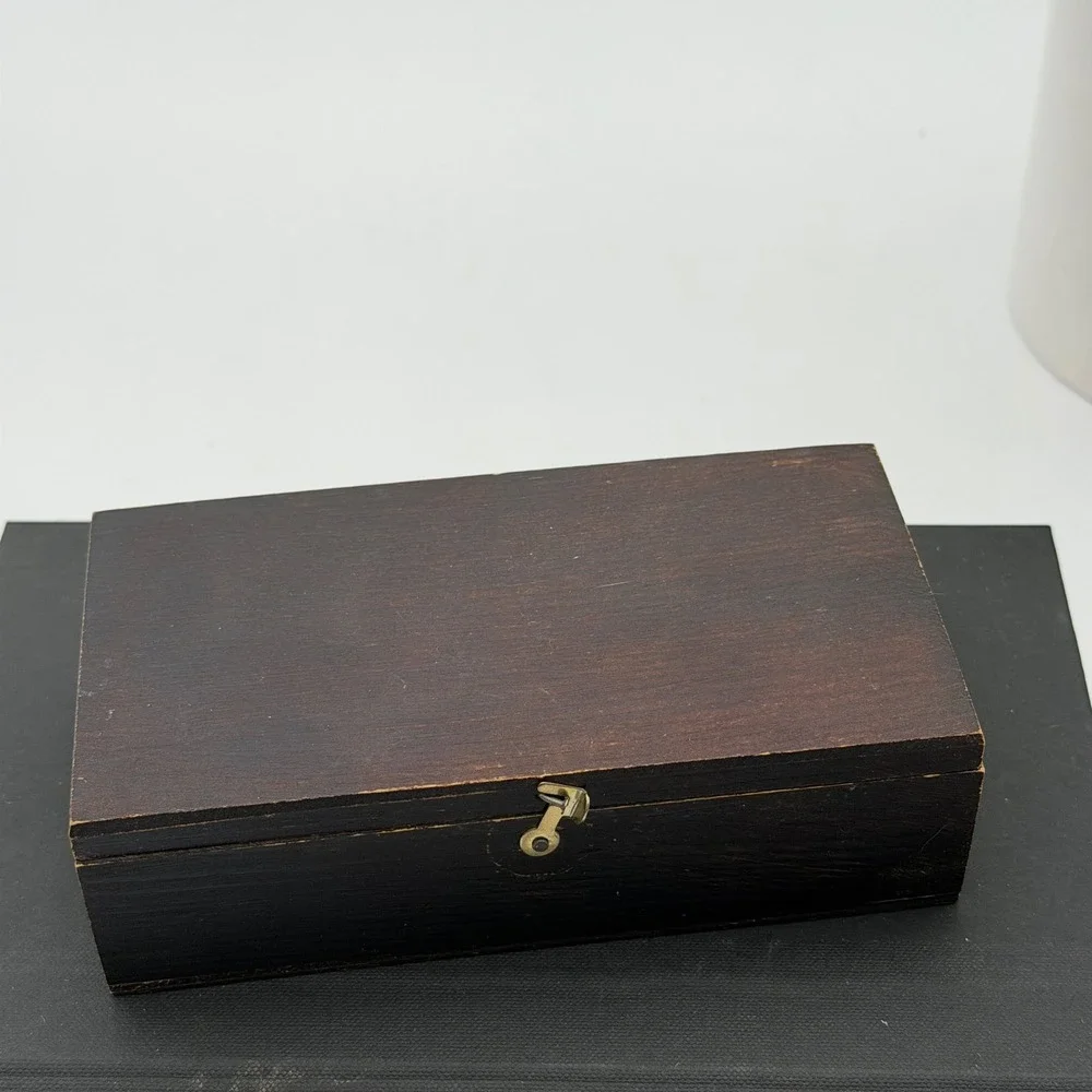 Vintage Dark Wood Trinket Box Orange Felt Lining Latch Closure